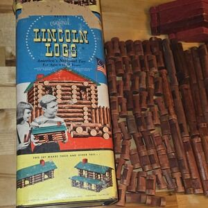 Vintage 1950s Lincoln Logs Original Set 3C Wood Canister 129 Pieces Toy